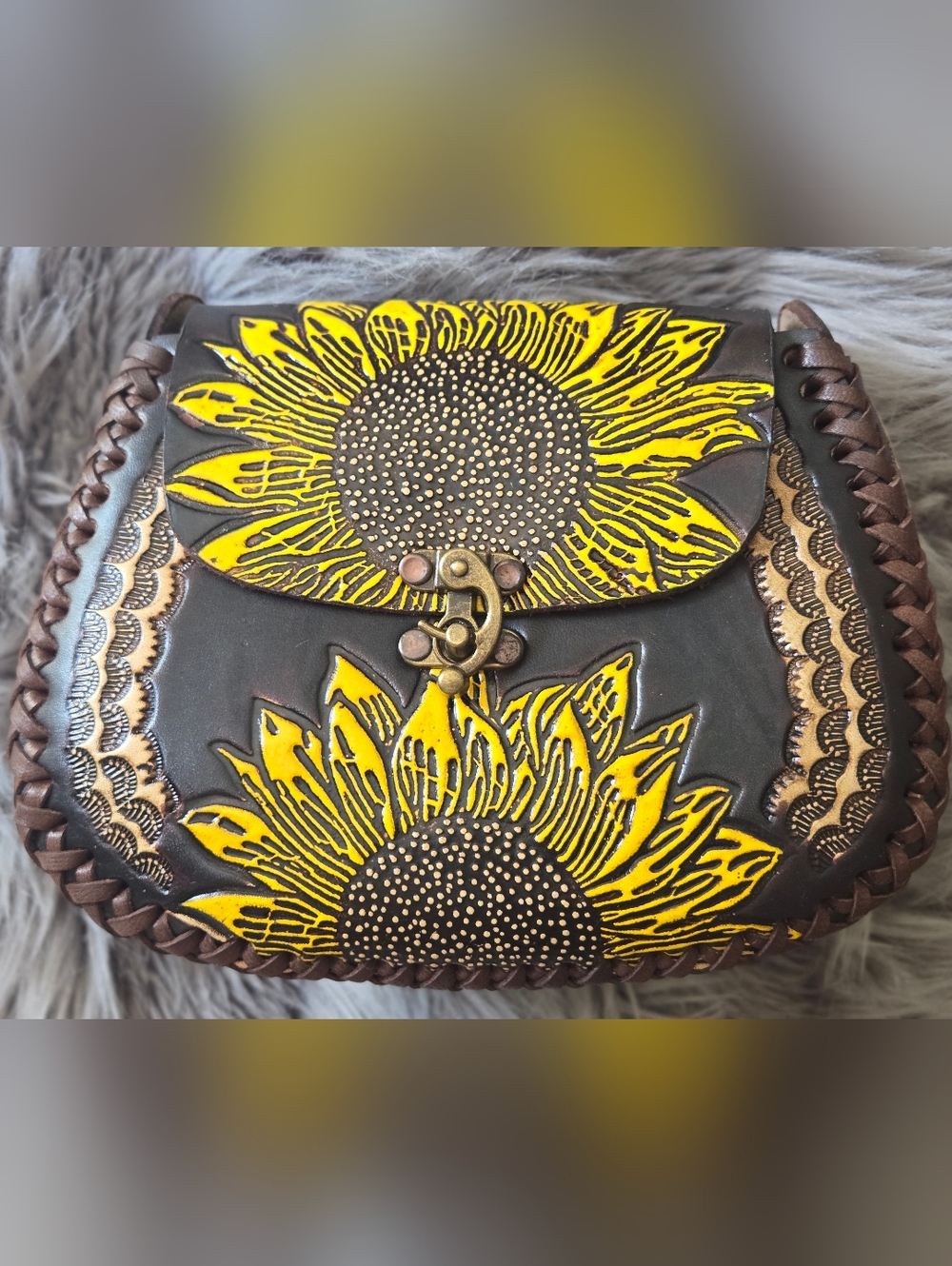 Hand Crafted Brown Leather Crossbody Bag with Yellow Sunflower Design